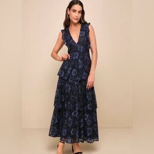 Lulus Molinetto Navy Blue Lace Ruffled Tiered Sleeveless Maxi Dress